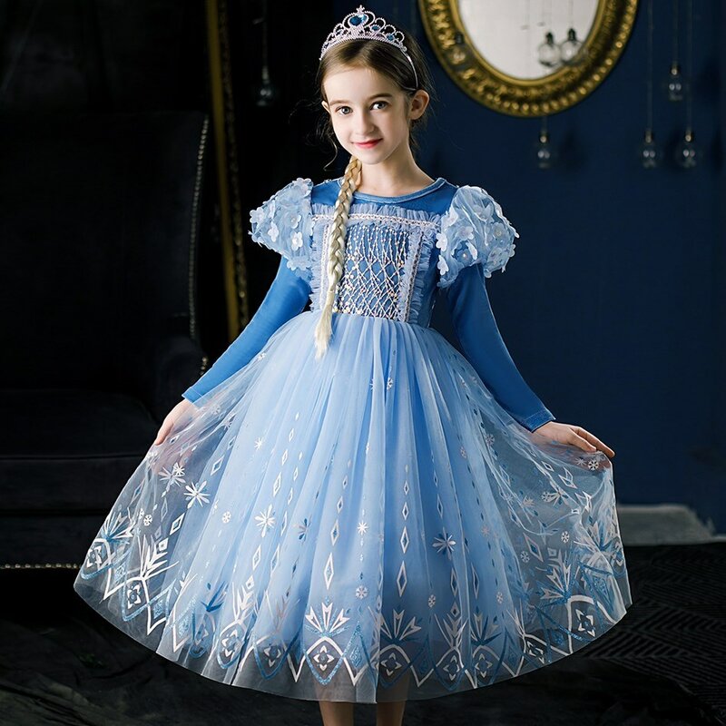 Vestido de princesa Elsa azul de manga larga para niños, vestido de princesa de hielo y nieve, Cosplay de Halloween, otoño e invierno, nuevo