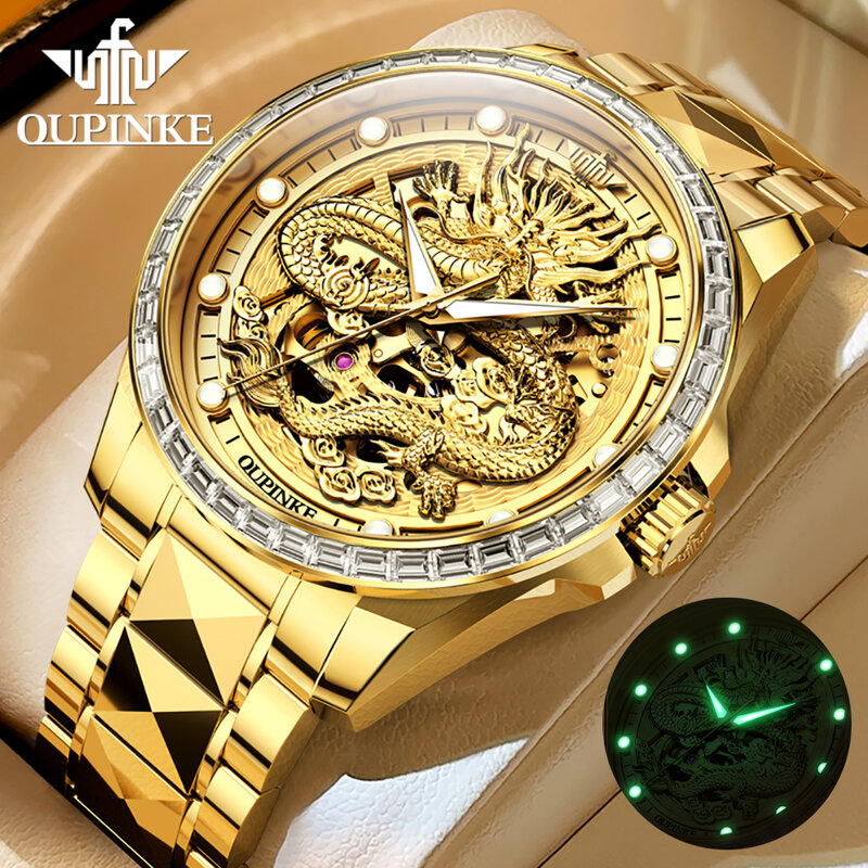 OUPINKE-Men's Gold Dragon Relógio de pulso mecânico automático, alta qualidade, relógios de diamante, esqueleto, marca de luxo