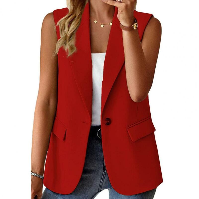 Sleeveless Vest Elegant Women's Sleeveless Waistcoat with Lapel Collar Flap Pockets Solid Color Single Button Vest for Spring