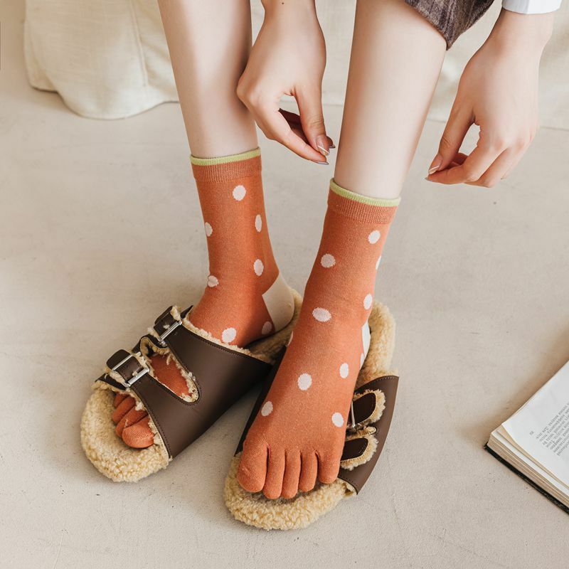 ฤดูใบไม้ร่วงสตรีและฤดูหนาว Pure ฝ้ายห้านิ้วถุงเท้าพิมพ์แยกนิ้วถุงเท้า Vintage สบายถุงเท้า