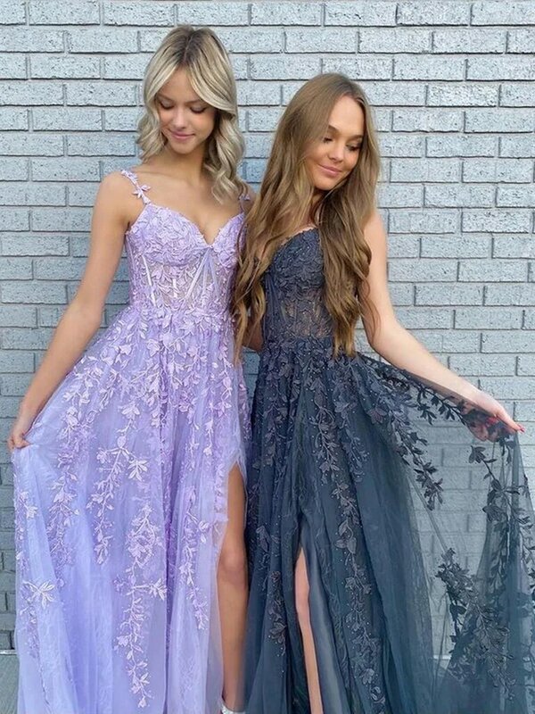 2024 New Illusion Off The Shoulder Long Prom Dresses Elegant Spaghetti Straps Lace Appliques Backless High Slit Evening Gowns
