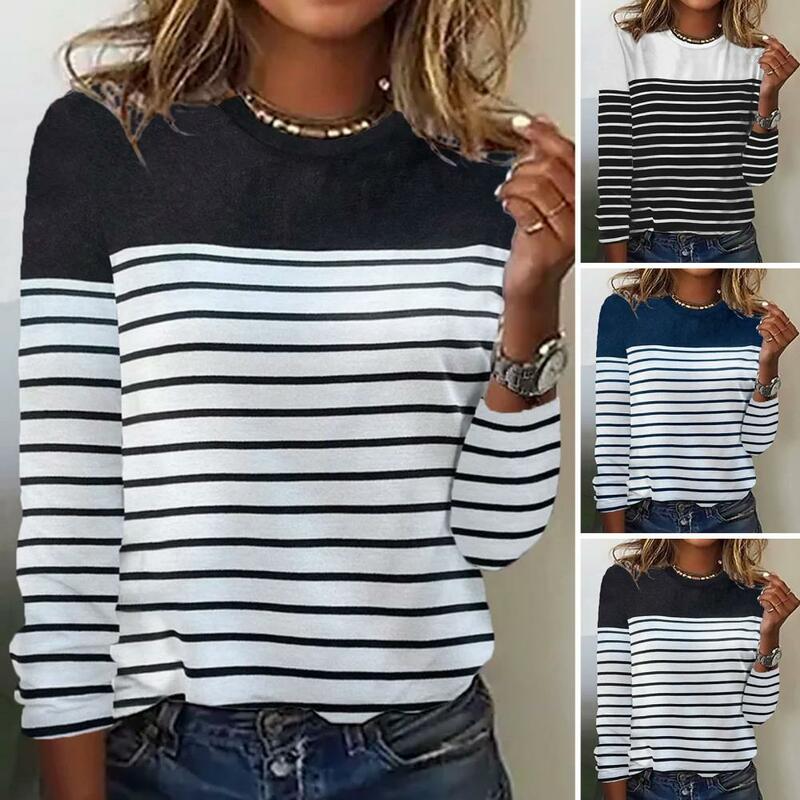 Women Fall Spring Top Striped Color Matching Round Neck Long Sleeve Loose Casual Simple Style Breathable Patchwork Lady T-shirt