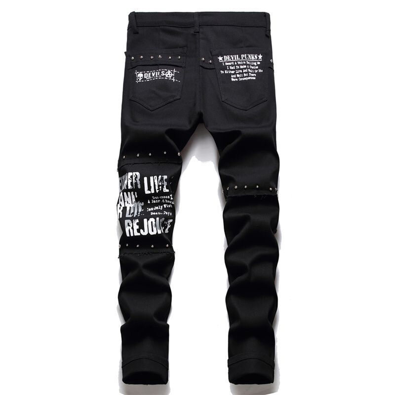 Celana Jeans Pria Celana Denim Punk Tambal Sulam Tengkorak Pakaian Jalanan Hip Hop Harajuku Celana Panjang High Street Gambar Cetak Pas Badan
