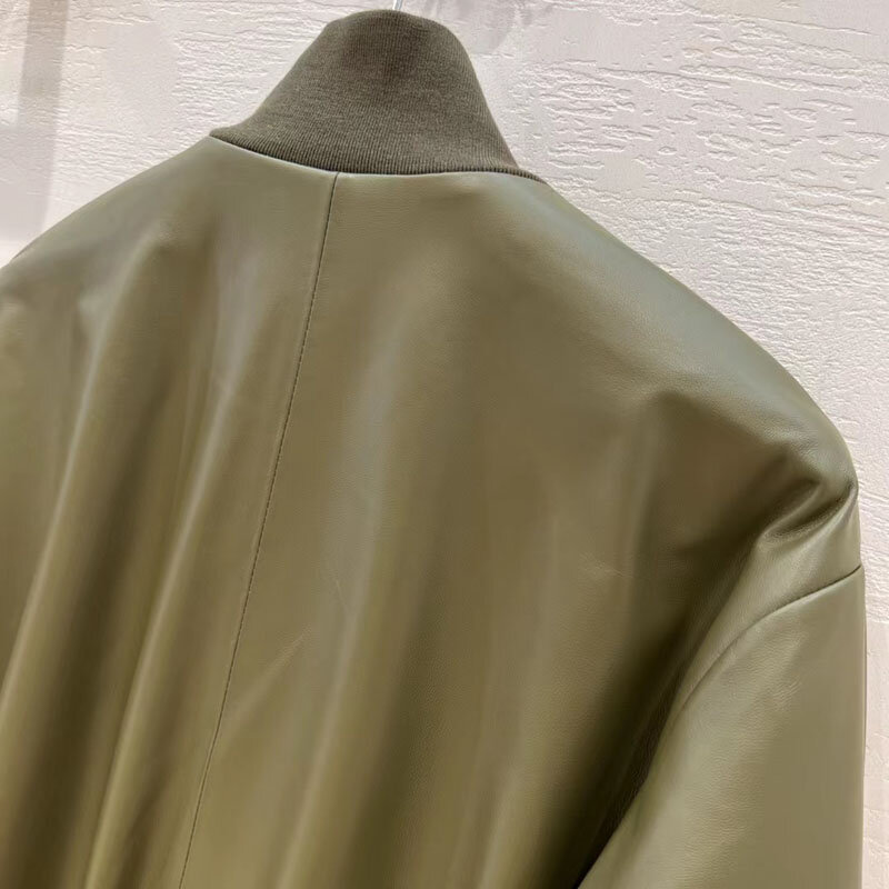 Jaqueta de couro genuíno feminino casaco primavera uniforme beisebol nova moda importação real pele carneiro outerwear emendado tecido de malha