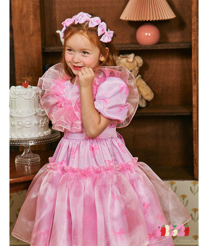 Nuovo 2024 corea Bebe Summer Girls Princess Dress bambini vestiti rosa fascia per capelli per bambini vestito da festa per ragazze vestiti di compleanno per bambini