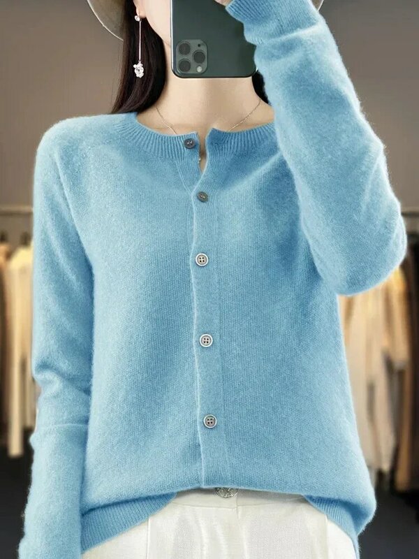 Cardigan Grace com decote em o pescoço para mulheres, suéter chique 100% merino, outono e inverno, 2200 25USD, novo