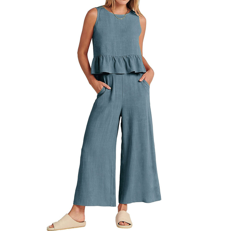 Nowe letnie spodnie damskie bez rękawów plisowany podkoszulek szerokie nogawki dziewięciopunktowe garnitur Casual