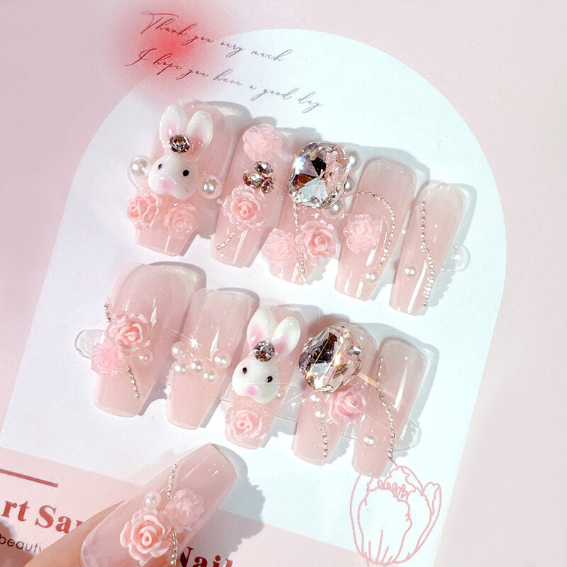24pcs Cute Rabbit Press on Nails with Pink Flower Rhinestone Full Cover Artificial False Nail Acrylic High Quality Fake Nails