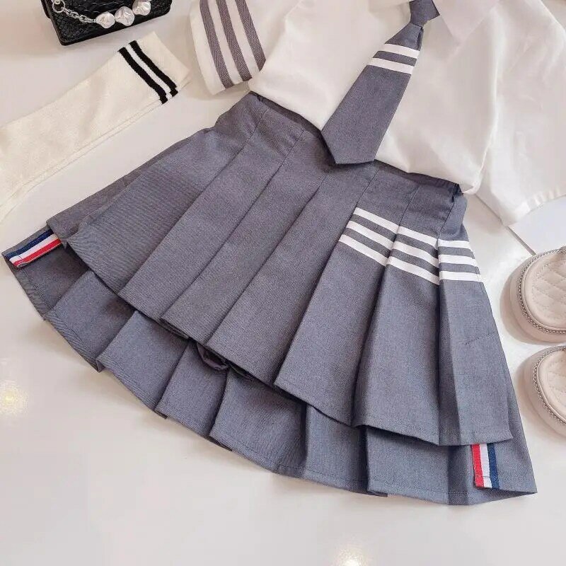 Sanrios Kuromi Kids Preppy Outfit Summer Kawaii Cinnamoroll Girl Fashion Short Sleeve Shirt Jk Pleated Skirt Korean Kids Clothes