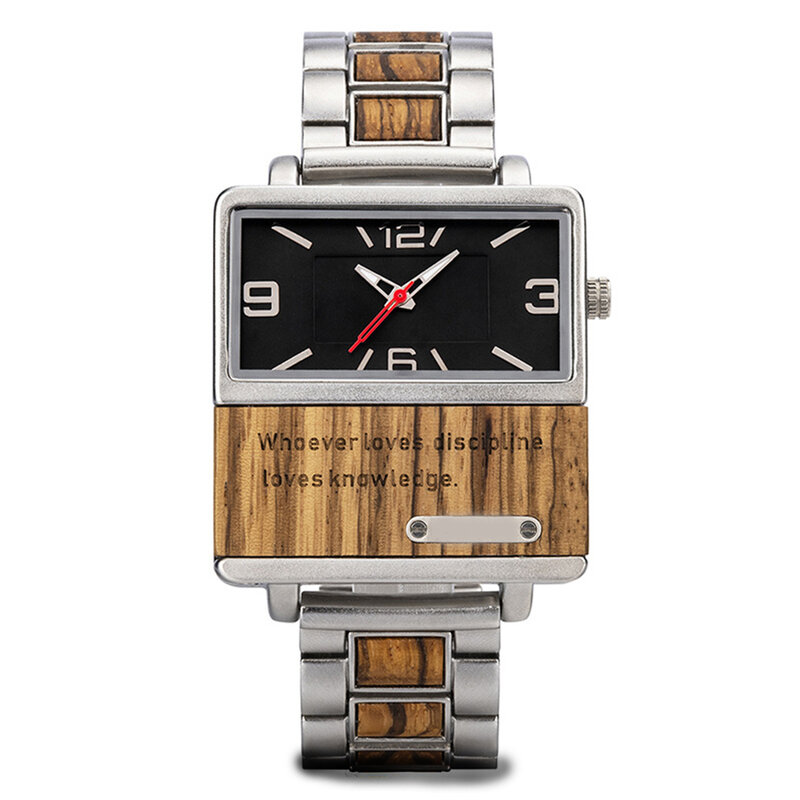 Criativo masculino personalizado relógio de madeira, ponteiro quadrado, quartzo, resistente a riscos, impermeável, casual, simples