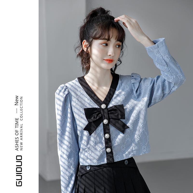 Short V-neck Shirt Women's Long Sleeve Design Sense Niche 2021 New Bow Puff Sleeve French Style Early Autumn Top