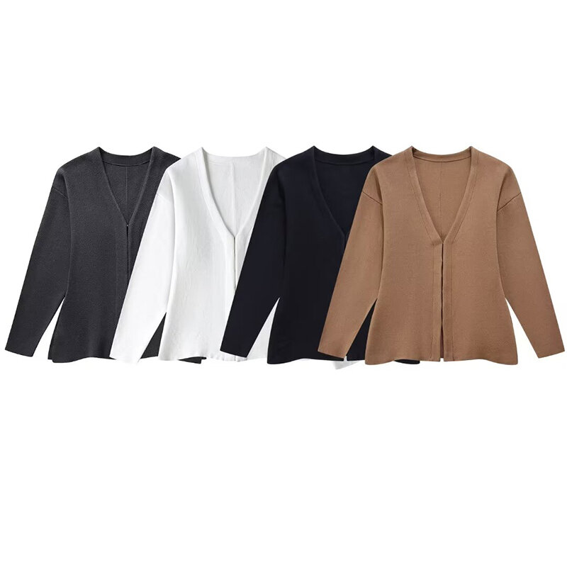 TRAF-Conjunto de minifalda de cintura alta para mujer, abrigo de punto de manga holgada, trajes grises para otoño, 2024