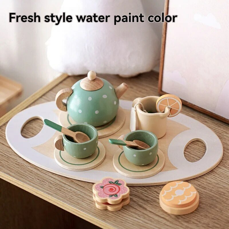Wooden Children Play Home Early Education Simulation Afternoon Tea Dessert Cake Tea Set Selling Role Play Educational Toys