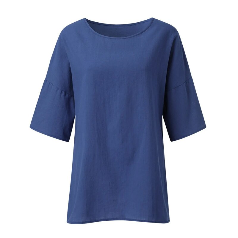 Chemises en coton et lin pour femmes, chemise à col rond, chemisiers monochromes, mode décontractée, été, 3 à 4 manches