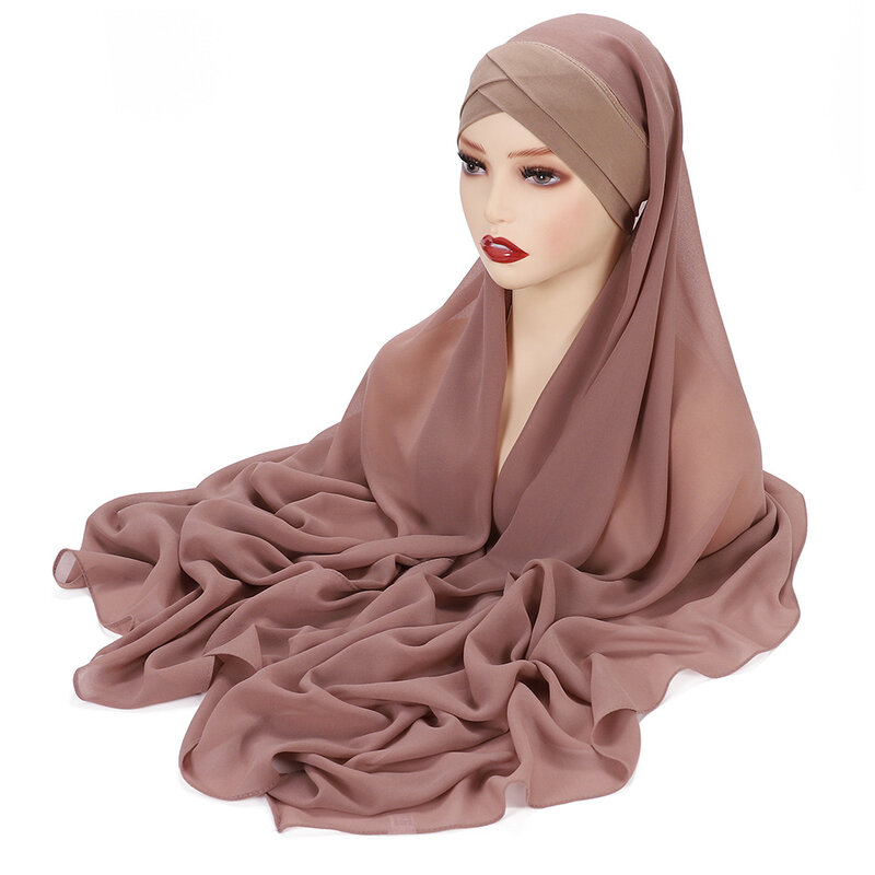 Instant Hijab ผ้าคลุมไหล่ชีฟองเย็บด้านใน Bonnet Convinient Headwrap สตรีมุสลิม Underscarf 175X70CM