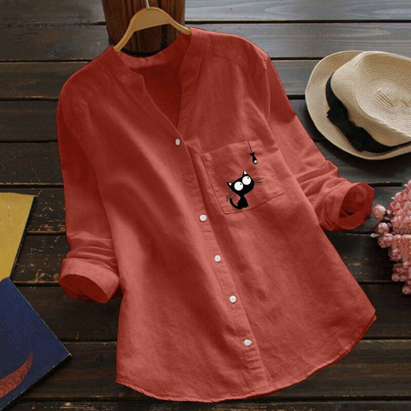 بلوزة نسائية من الكتان القطني بجيب مطبوع عليها قطة ، قميص غير رسمي برقبة على شكل حرف V ، قميص بأكمام طويلة ، ملابس بأزرار لأسفل ،