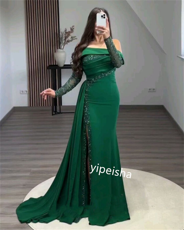 Gaun Prom Arab Saudi Satin manik-manik Formal malam A-line Off-the-shoulder Bespoke gaun acara gaun panjang