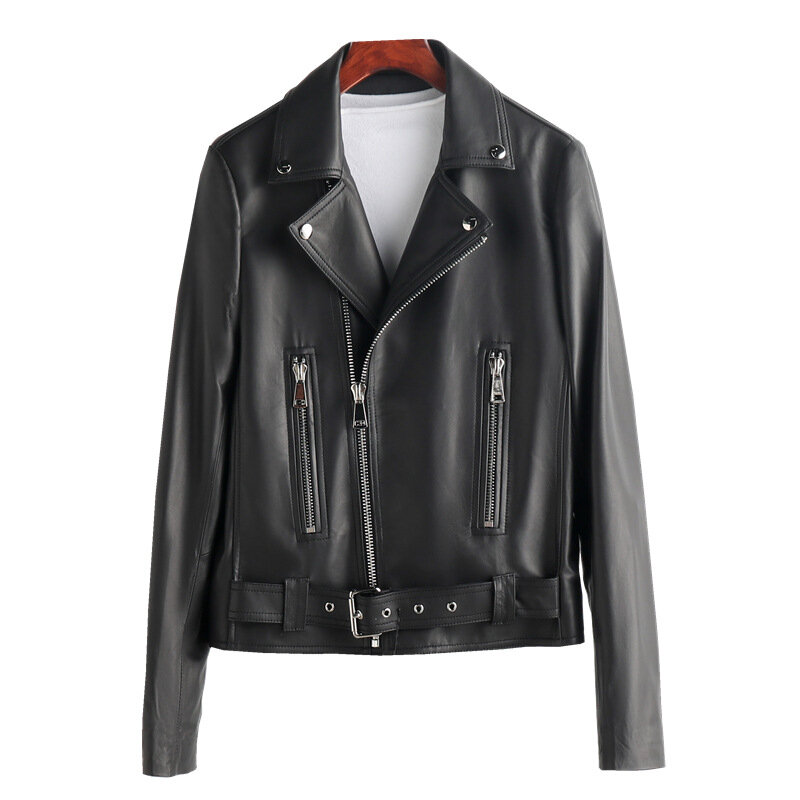 2023 Hot Sale Sheepskin genuine leather clothes Women's motorcycle suit collar jacket Short style  autumn and winter new style