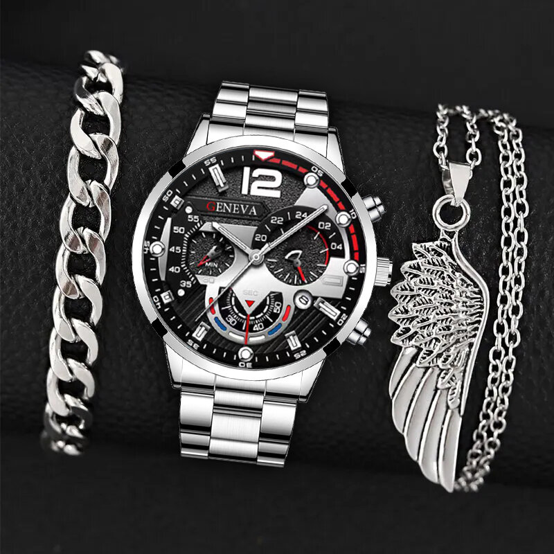 3PCS Set Fashion Mens Business Calendar Watches Men Casual Silver Bracelet Wings Necklace Stainless Steel Quartz Wrist Watch