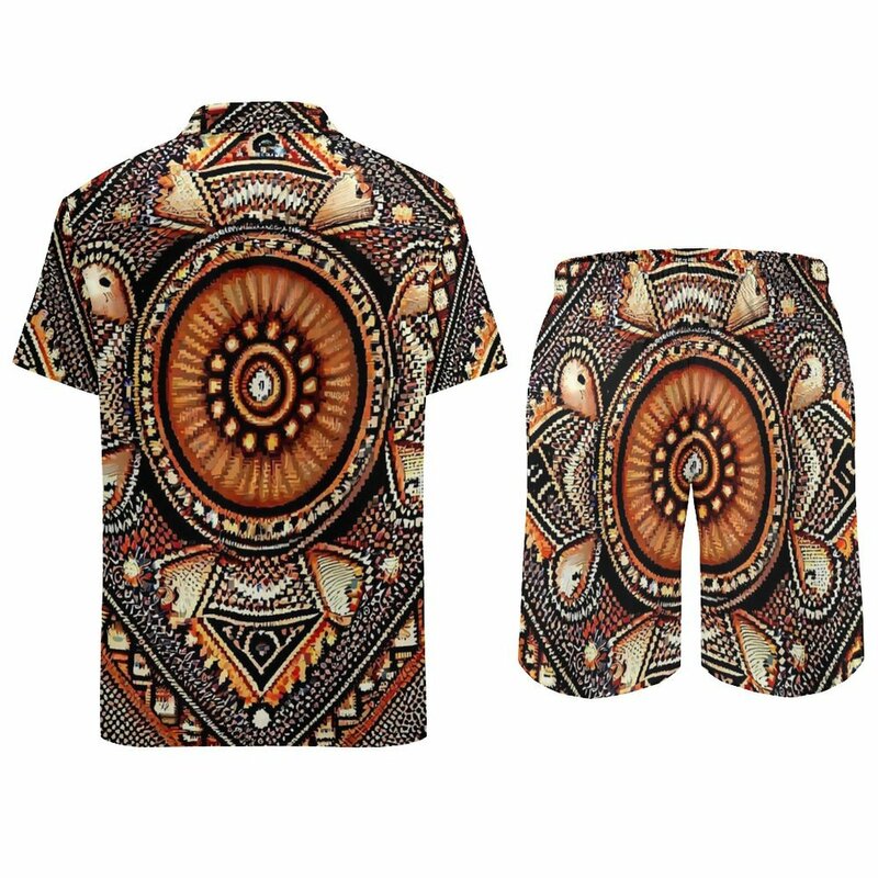 Винтажный этнический Мужской комплект, модная Повседневная рубашка с принтом в стиле ретро, шорты на заказ с коротким рукавом, летний пляжный костюм, размеры 2XL 3XL