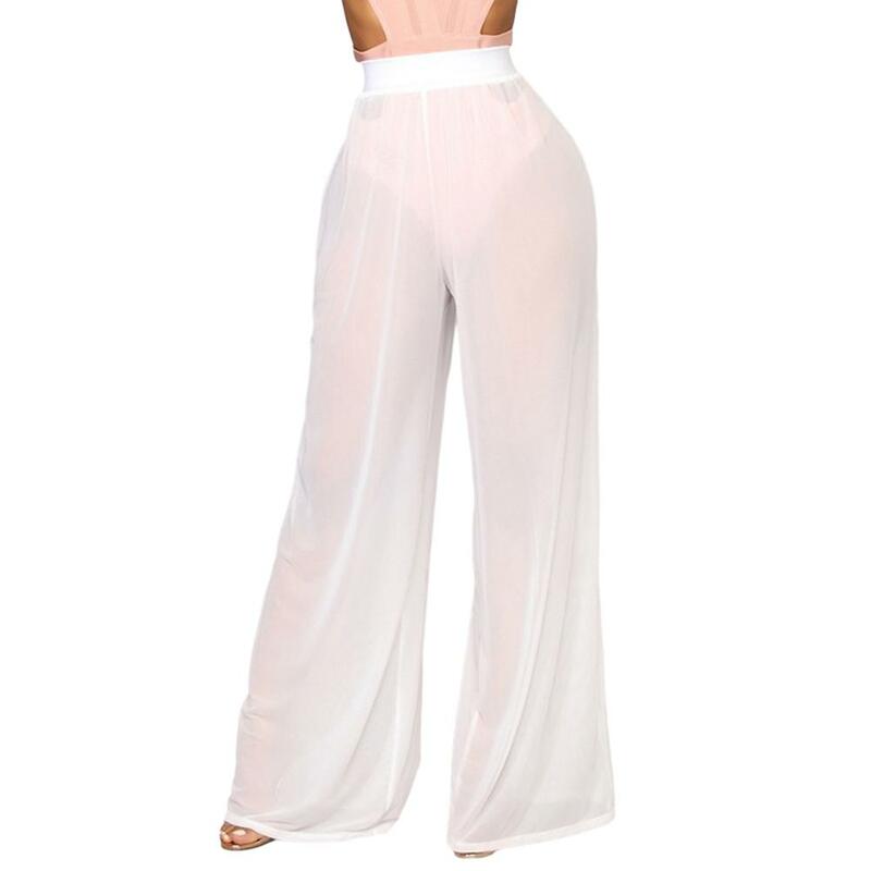 Celana panjang warna Solid transparan wanita, penutup pantai dinamis elastis melebar pinggang tinggi kaki harian tahan lama