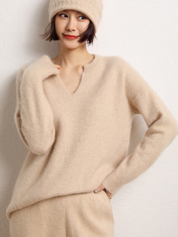 Sweter z długim rękawem Aliselect Fashion 100% kaszmirowe bluzki damskie swetry sweter z dekoltem typu V-Neck wiosenne odzież jesienno-zimowa dzianiny