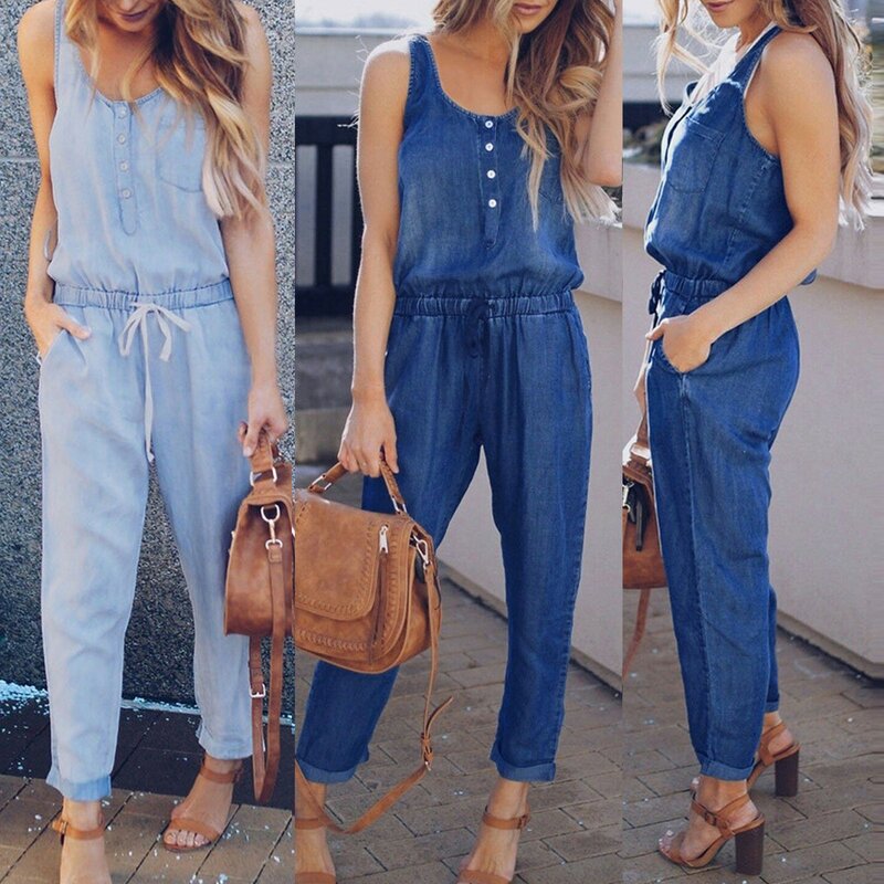 Women Casual Sleeveless Tank Jumpsuit Demin Jeans Beach Strappy Button Rompers With Pockets Jumpsuit Bodysuit Long Sleeve Women