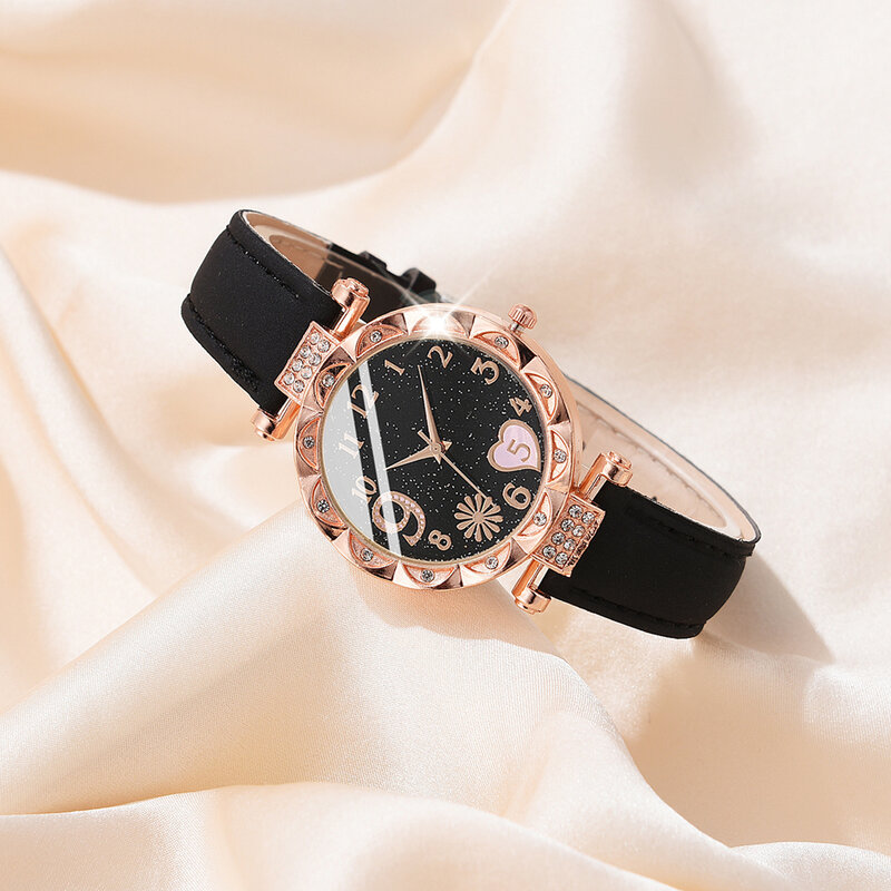 Ensemble montre-bracelet analogique en cuir pour femme, montre-bracelet à quartz, mode féminine, luxe, 5 pièces
