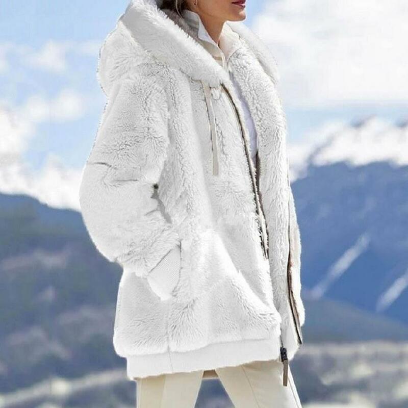 Women Hoodies Plush Fur Long Sleeve Zipper Placket Solid Color Jacket Warm Hooded Plush Coat Casual Clothing Ladies Streetwear