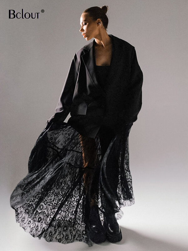 Bclout rok hitam renda untuk wanita, rok panjang seksi transparan tipis Solid Kasual mode 2024, rok A-Line longgar untuk pesta