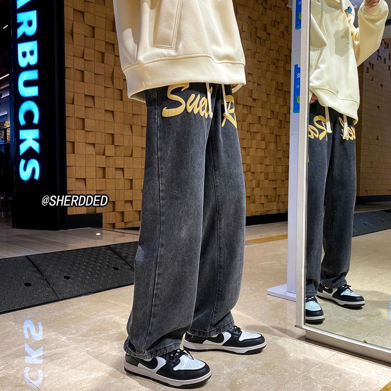 Baru Penjualan Terbaik Jeans Cetak Huruf Busa Jalan Tinggi Hiphop Amerika Streetwear Retro Longgar Lurus Besar Y2k Celana Baggy Pria