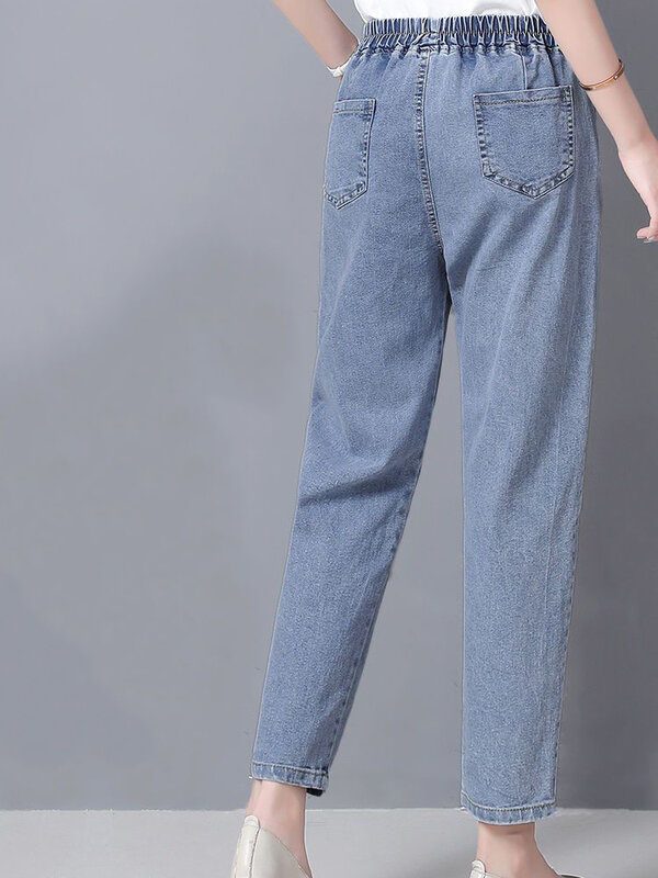 Jeans harém vintage na altura do tornozelo para mulheres, calças jeans largas, cintura alta, calça de cowboy, moda casual, 4XL extragrande