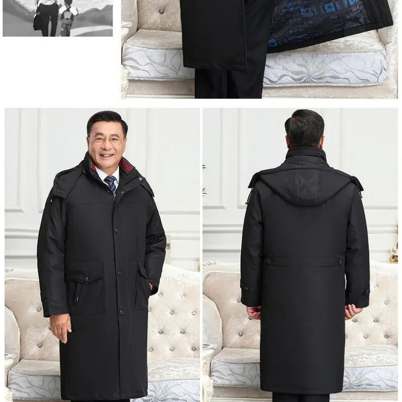 偽の毛皮の襟付きのメンズフード付きジャケット,中年男性用衣服,膝の下,厚みのある,取り外し可能なライナー,お父さんのゆったりとした暖かいコート,厚いパーカー