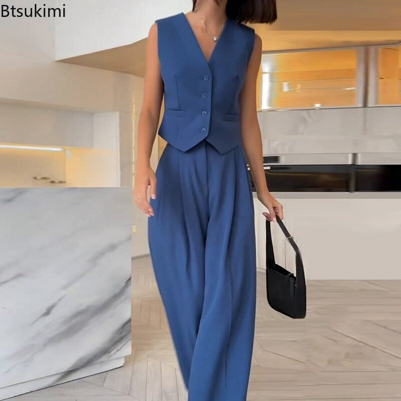 2024 Women's Summer 2 Piece Pants Set Solid V-neck Single Breasted Sleeveless Vest With Wide Leg Pants Sets Fashion Casual Suits
