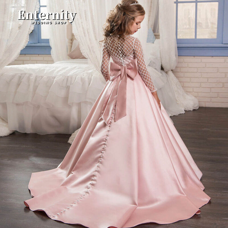 Платье принцессы с круглым вырезом и цветочной аппликацией, кружевное благородное платье-трапеция с длинным рукавом-бабочкой, с иллюзией на спине, для девочек