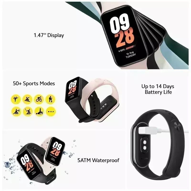 [World Premiere] Global version Xiaomi Smart Band 8 active1.47 inch display 5ATM waterproof heart rate monitor 50+ sports modes