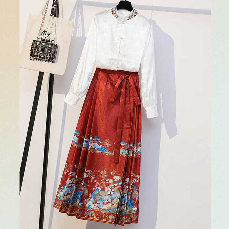 Hot New Stylish Skirt Skirt Jacquard Lace-up Lace-up Skirt Ming-made Adjustable Waist National Style Polyester