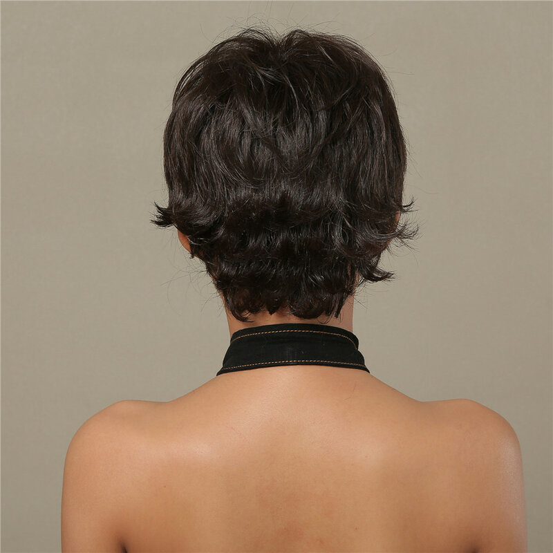 Pixie corte natural preto ondulado peruca curta mistura de cabelo humano perucas sintéticas fofo em camadas bang natural resistente ao calor peruca feminina