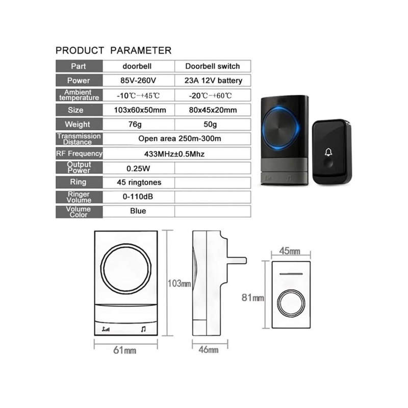 Wireless Doorbell Waterproof Doorbell Kit 200 Meter Range with 45 Melodies, 4 Volume Level 2 Receiver for Office US Plug
