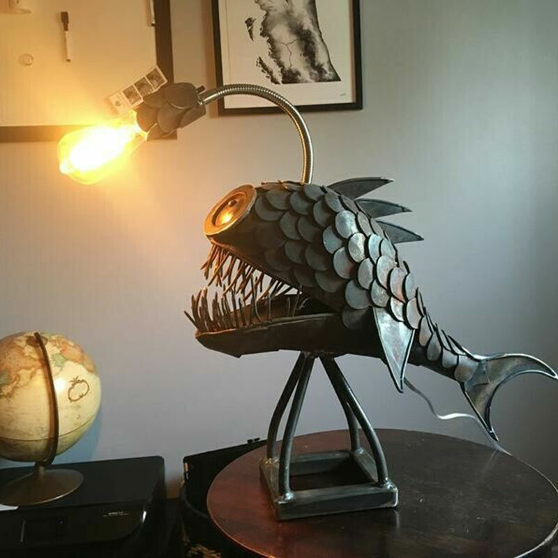 Lampu Meja Retro Lampu Ikan Pemancing dengan Lampu Fleksibel Kepala Lampu Meja Artistik untuk Rumah Bar Kafe Ornamen Dekoratif Seni Rumah