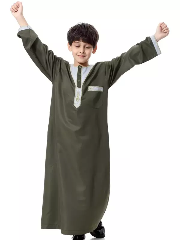 Robe musulmane pour garçon, Kaftan arabe pour enfants, Thobe Pakistan Vêtements islamiques pour adolescents, Ramadan Caftan Abaya Broderie Printemps Été