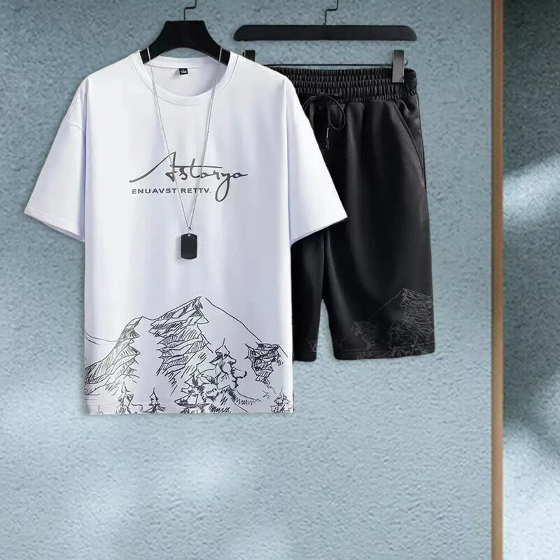 Conjunto de camiseta y pantalones cortos para hombre, traje de verano con cuello redondo, camiseta de manga corta, pantalones cortos con cintura elástica con cordón, bolsillos, secado rápido
