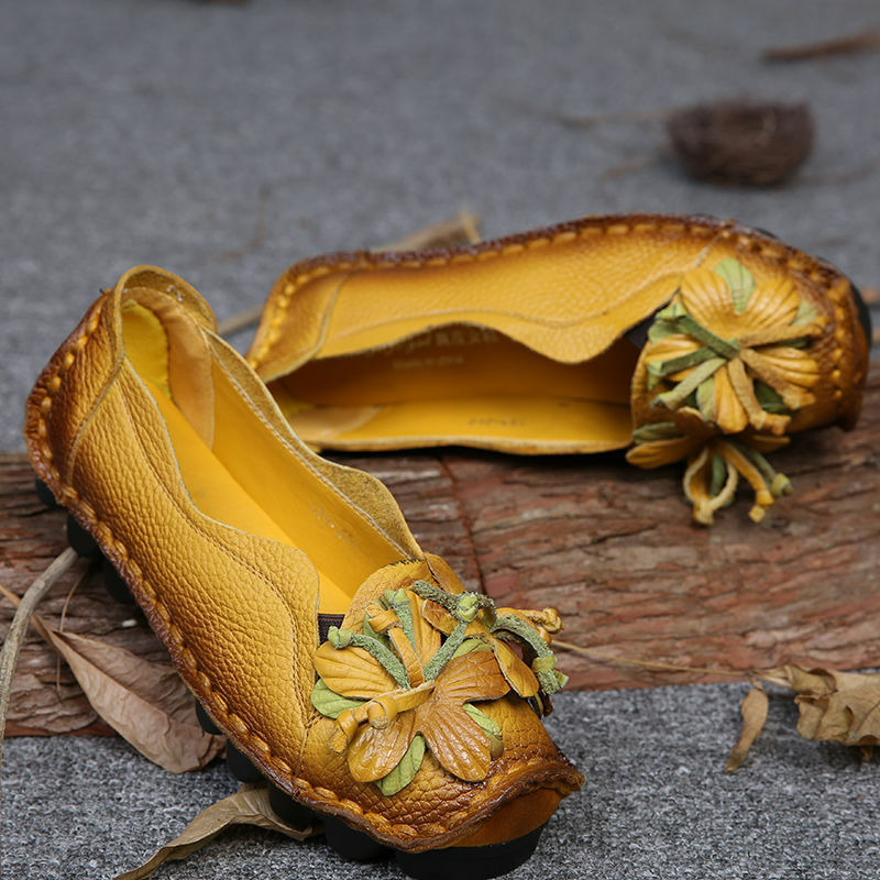 Zapatos planos de piel auténtica para mujer, mocasines suaves sin cordones, color negro, rojo, Floral, 2024