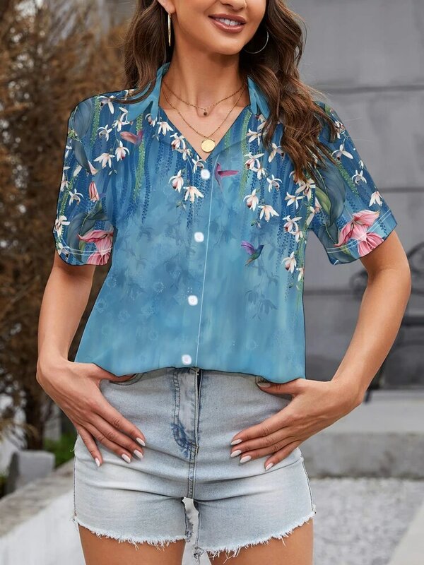 Camisa de impressão digital 3D feminina, manga curta, flores brilhantes, elegante e bonita, verão