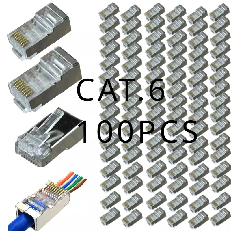 Terlindung Cat6 RJ45 berlubang 8P8C kabel Ethernet modular colokan kepala jaringan keriting berlapis emas konektor RJ45 (100 buah)