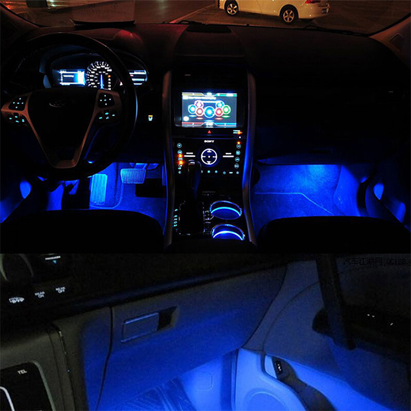Luz LED decorativa para Interior de coche, lámpara de pie, luz de ambiente, azul, 4 en 1, 12V, 4X3