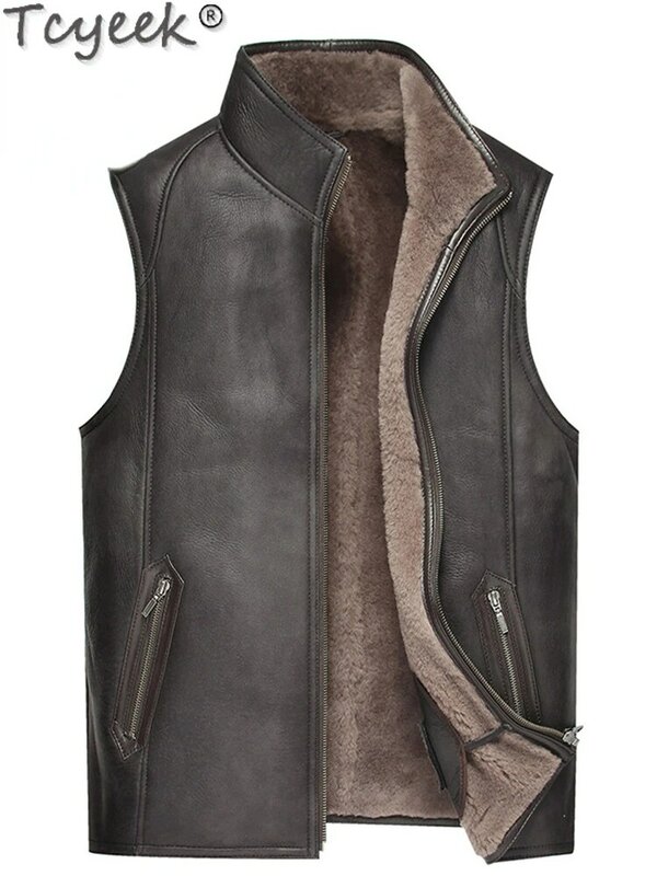 Зимняя мотоциклетная куртка Tcyeek из натуральной кожи, мужской теплый меховой жилет, мужская одежда с воротником-стойкой, модный жилет из натуральной овечьей шерсти