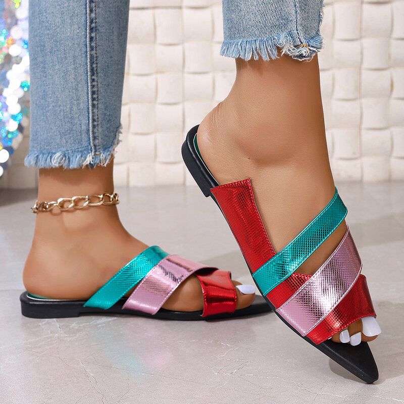 Sandal wanita 2024 baru musim panas diskon besar-besaran sandal datar ujung terbuka desainer wanita bagal merek Runway Slide wanita Zapatos De Mujer