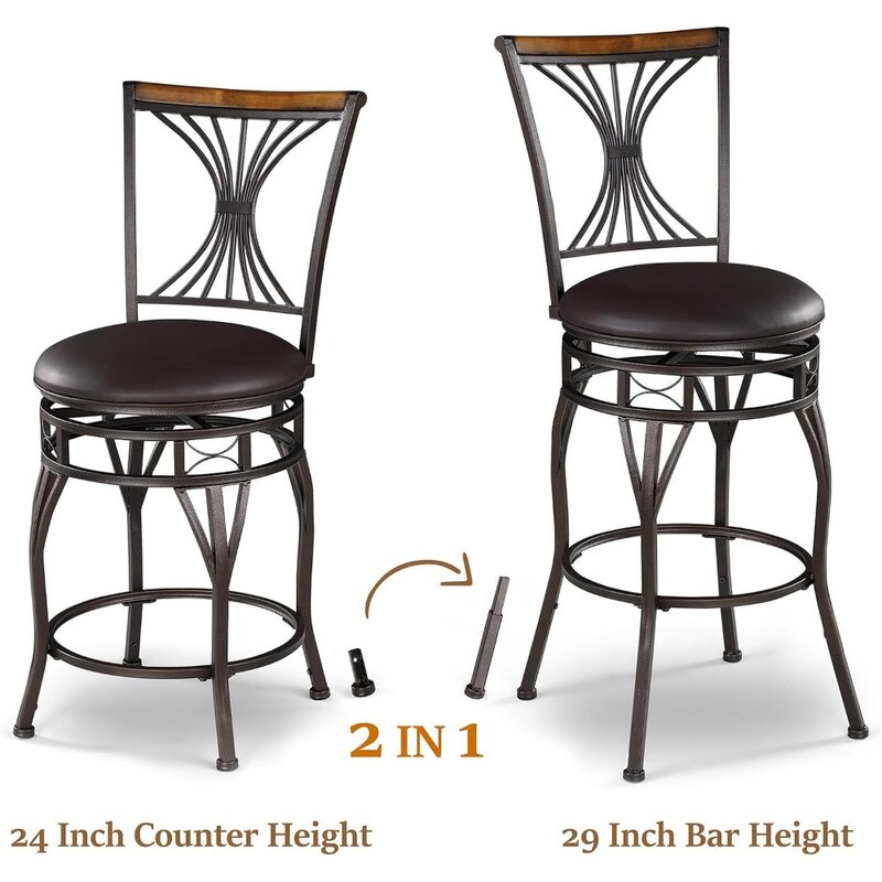 24/29 Inch Bar Stools Set of 2, Vintage Swivel Barstools with Back, Adjustable Seat Height Counter Stools,