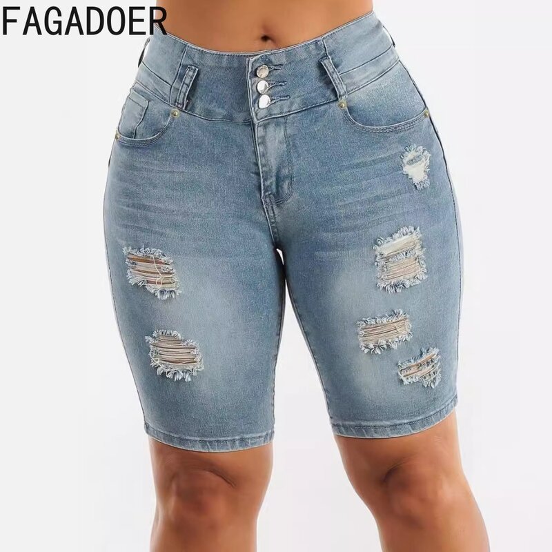 Fagadoer กางเกงยีนส์ขาสั้นเอวสูงสำหรับผู้หญิง, กางเกงยีนส์แฟชั่นมีรูยืดหยุ่น celana pendek DENIM ฤดูร้อนใหม่กางเกงคาวบอยผู้หญิง